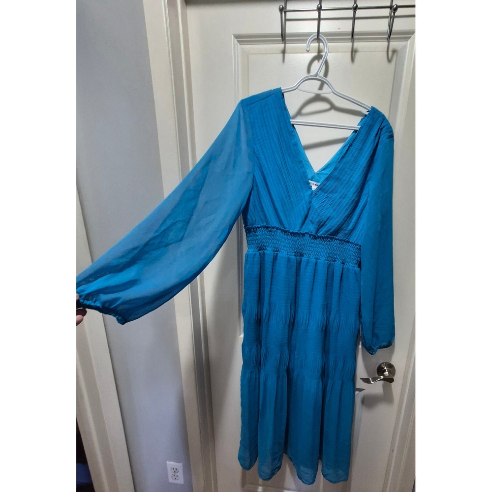 Steve Madden Womens Blue Pleated V-Neck Smocked Waist Midi Dress L BN108583‎
